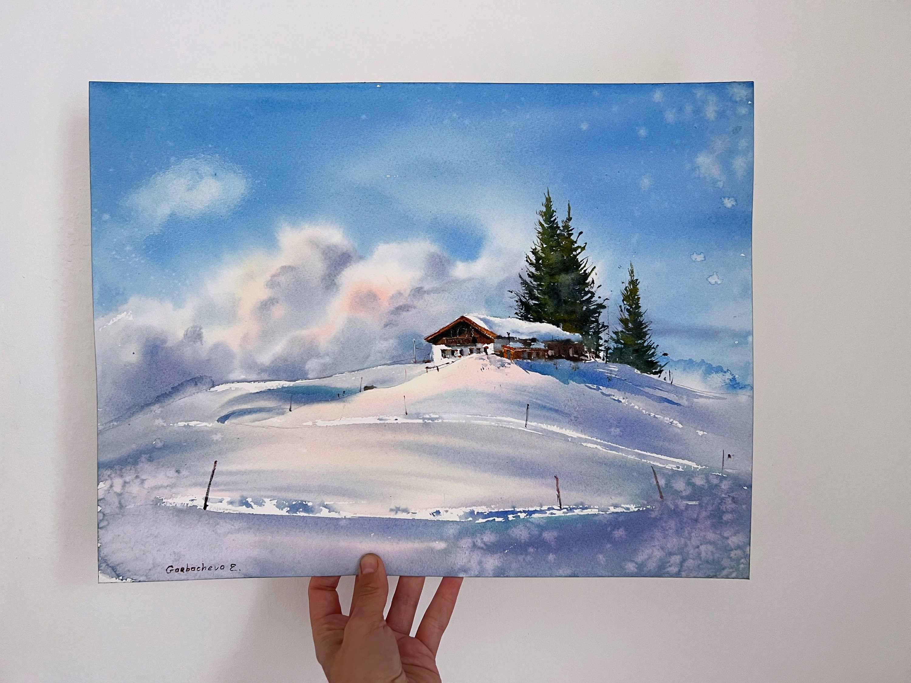 Mountain Chalet Painting, Original Artwork, Snowy Mountains