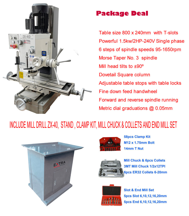PACKAGE II ZX-40 Mill Drill & STAND & TOOL KITS- Geared & Tilting