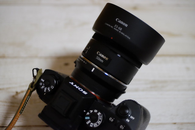 EF50mm F1.8 STMに装着するレンズフードは、やはり純正『ES-68』が