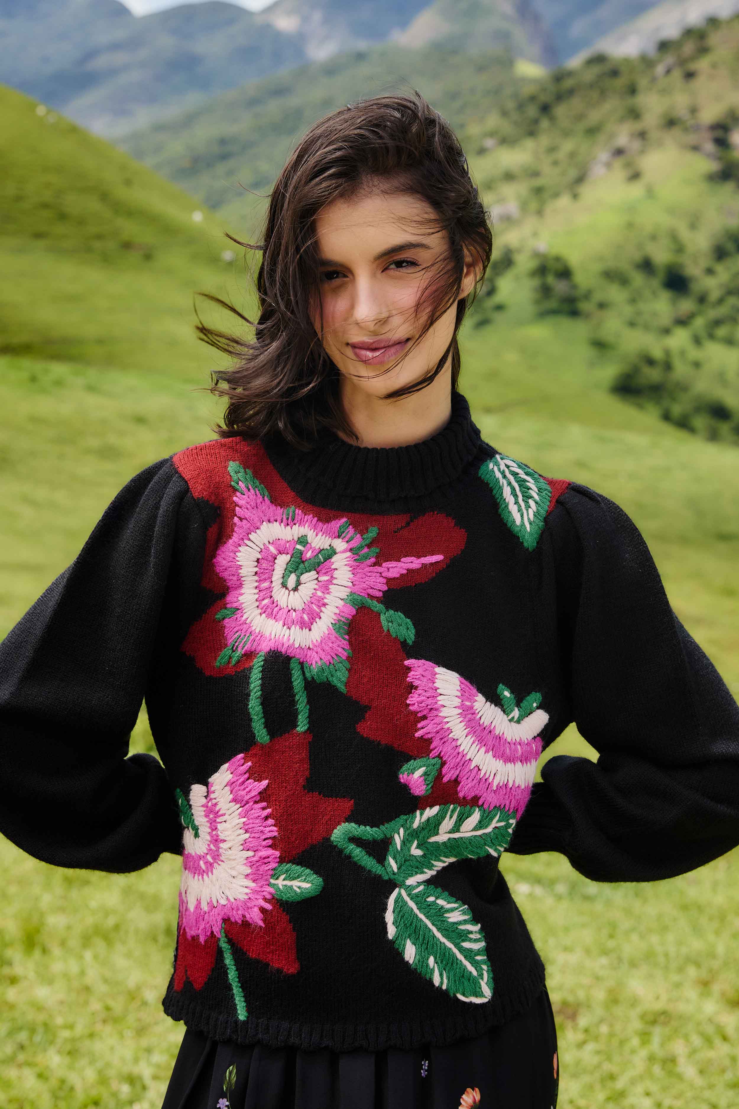Black Bold Colorful Flower Embroidered Knit Sweater | FARM Rio