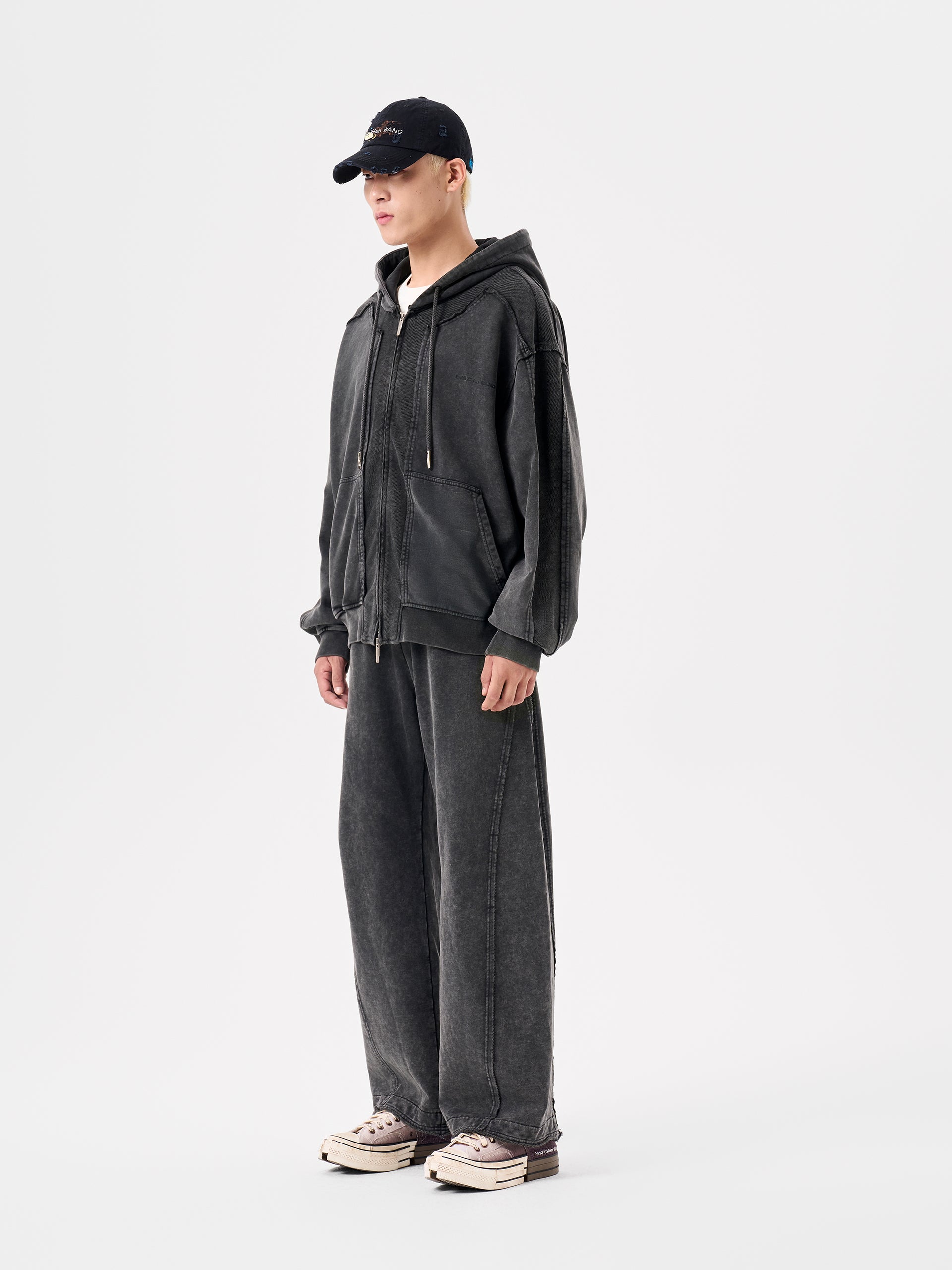 GREY WASHED DECONSTRUCTED ZIP-UP HOODIE – Feng Chen Wang