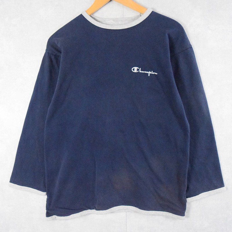80s 80年代 チャンピオン 長袖Tシャツ 紺 ネイビー グレー ロゴ