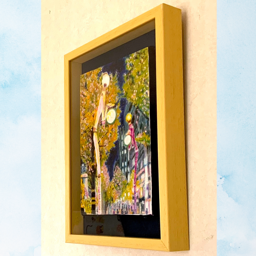 風景画「アートな街路灯の街」油彩画 SM 額付き by 福家佳則 / Fukei
