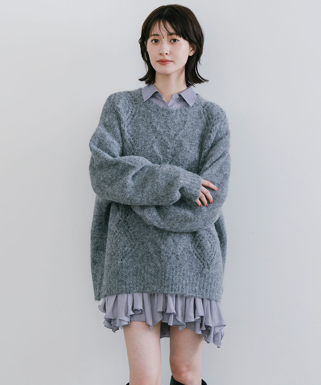 ケーブルニット×ペプラムシャツミニワンピース｜PETAL ONLINE（ペタル
