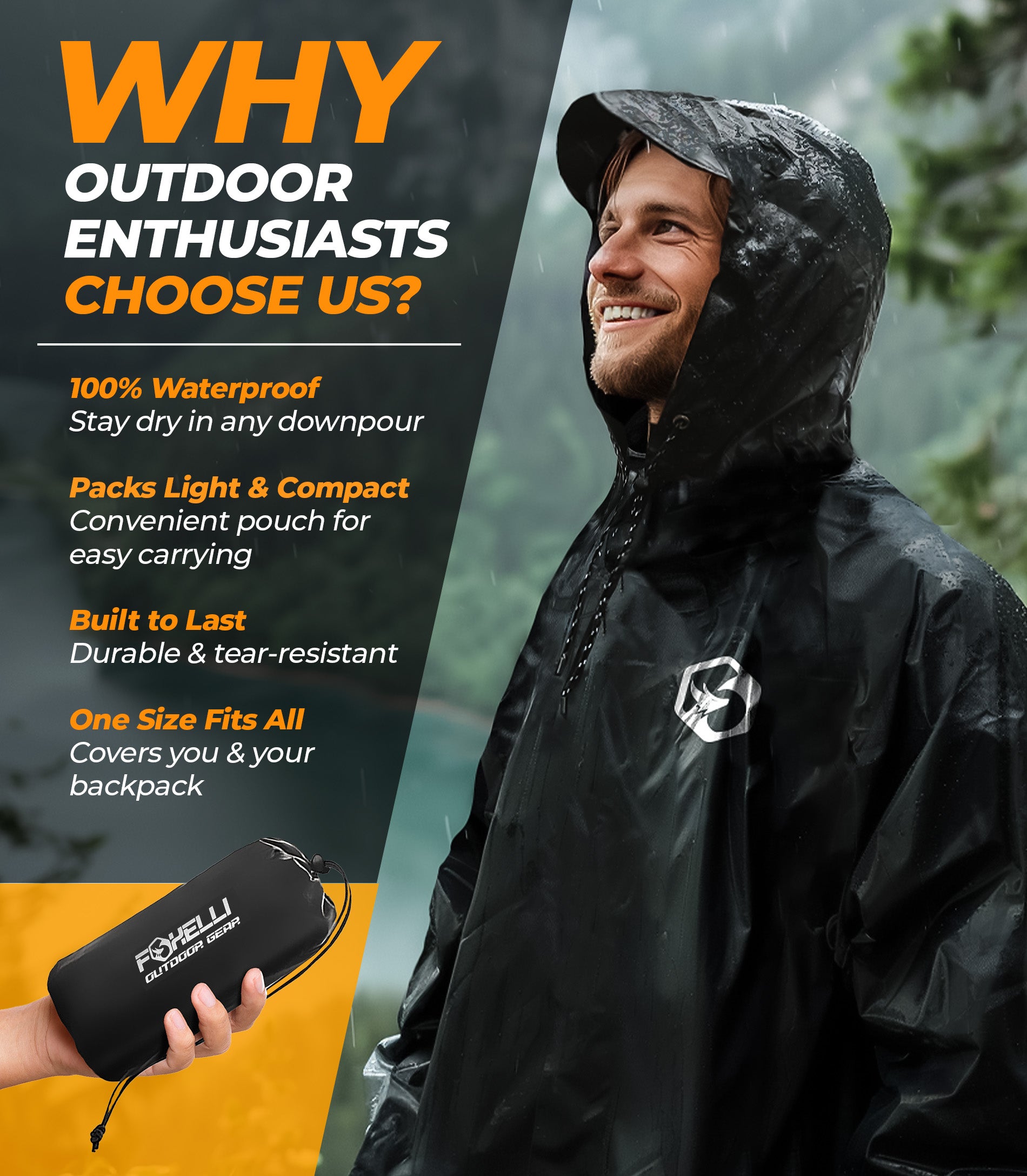 Foxelli Hooded Reusable Rain Poncho - Black