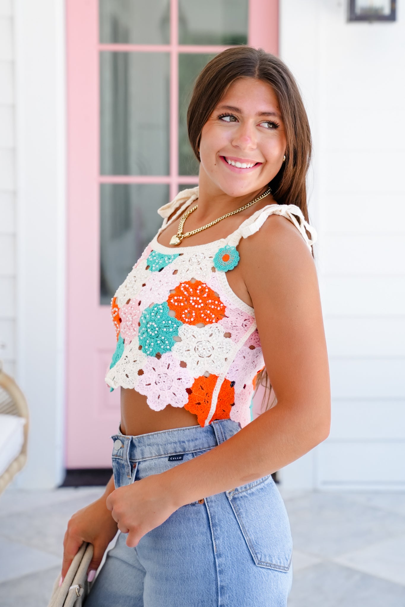 POL Floral Crochet Sleeveless Crop Sweater Top with Pearl Detail