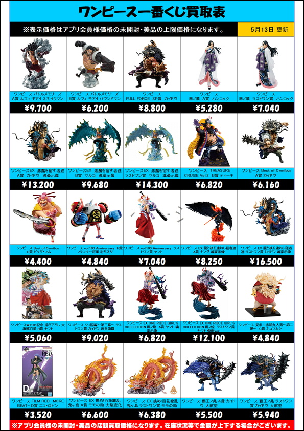 ワンピース一番くじ買取表 更新しました！ 5/13 | 千葉鑑定団船橋店