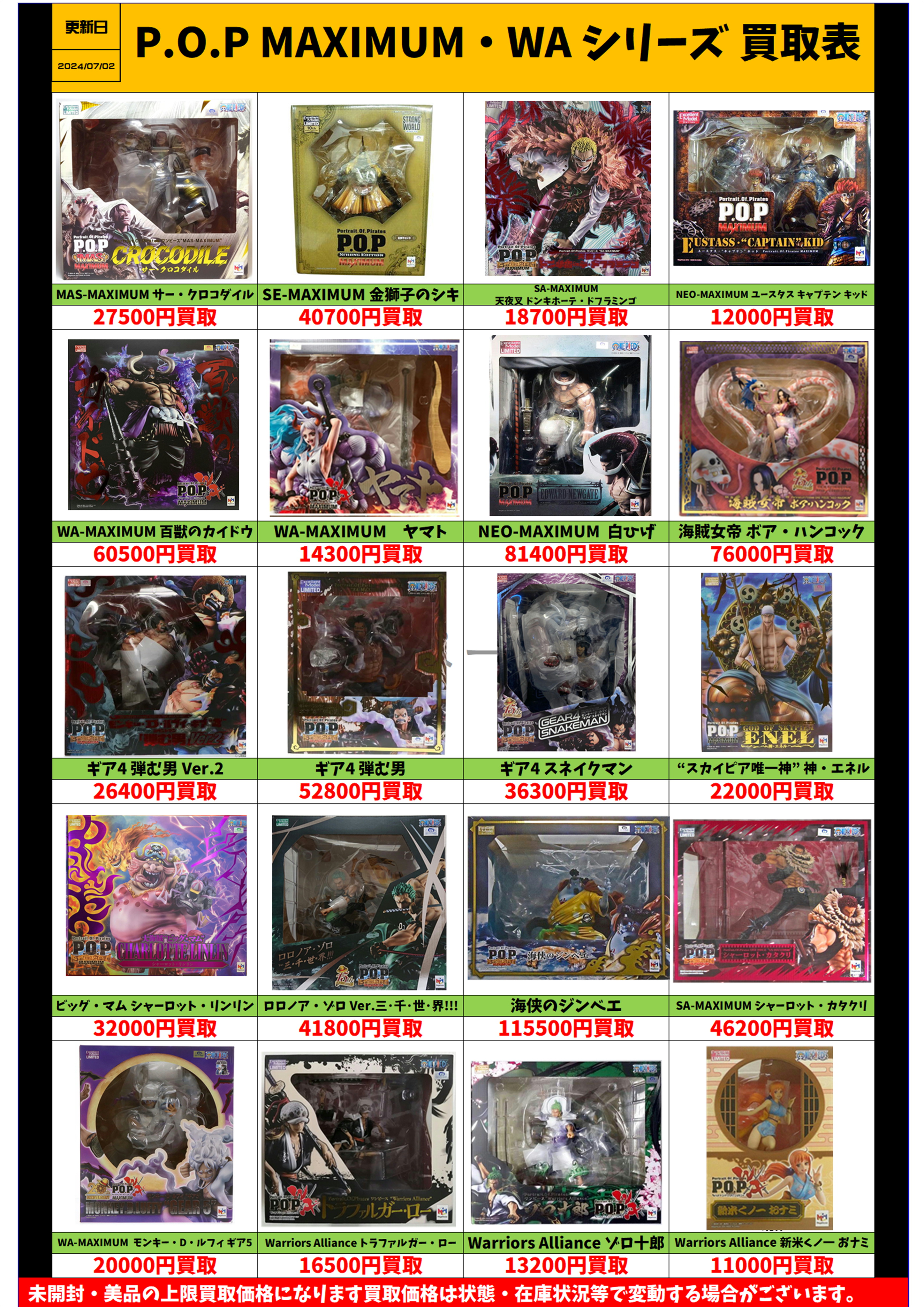 ワンピース P.O.P MAXIMUM・warriors alliance シリーズ買取表更新しま