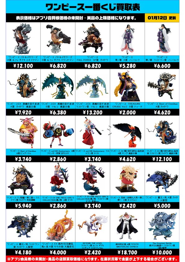 ワンピース一番くじ買取表 更新しました！ 1/12～ | 千葉鑑定団船橋店