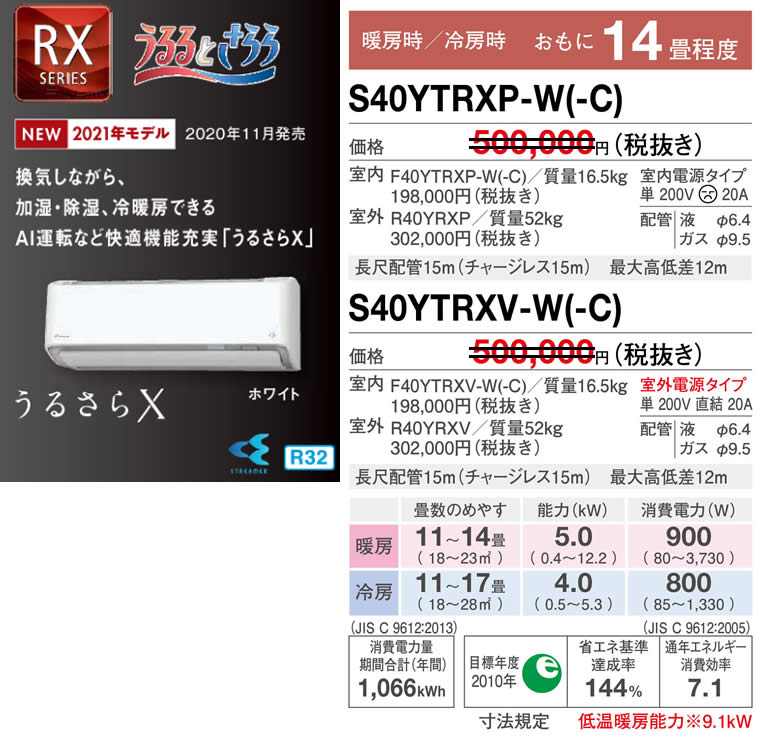 S40YTRXP-W(-C)、S40YTRXV-W(-C)ダイキン壁掛型ルームエアコン「うる