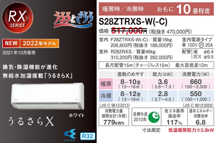 S28ZTRXS-W(-C)ダイキン壁掛型ルームエアコン「うるさらX」(10畳用