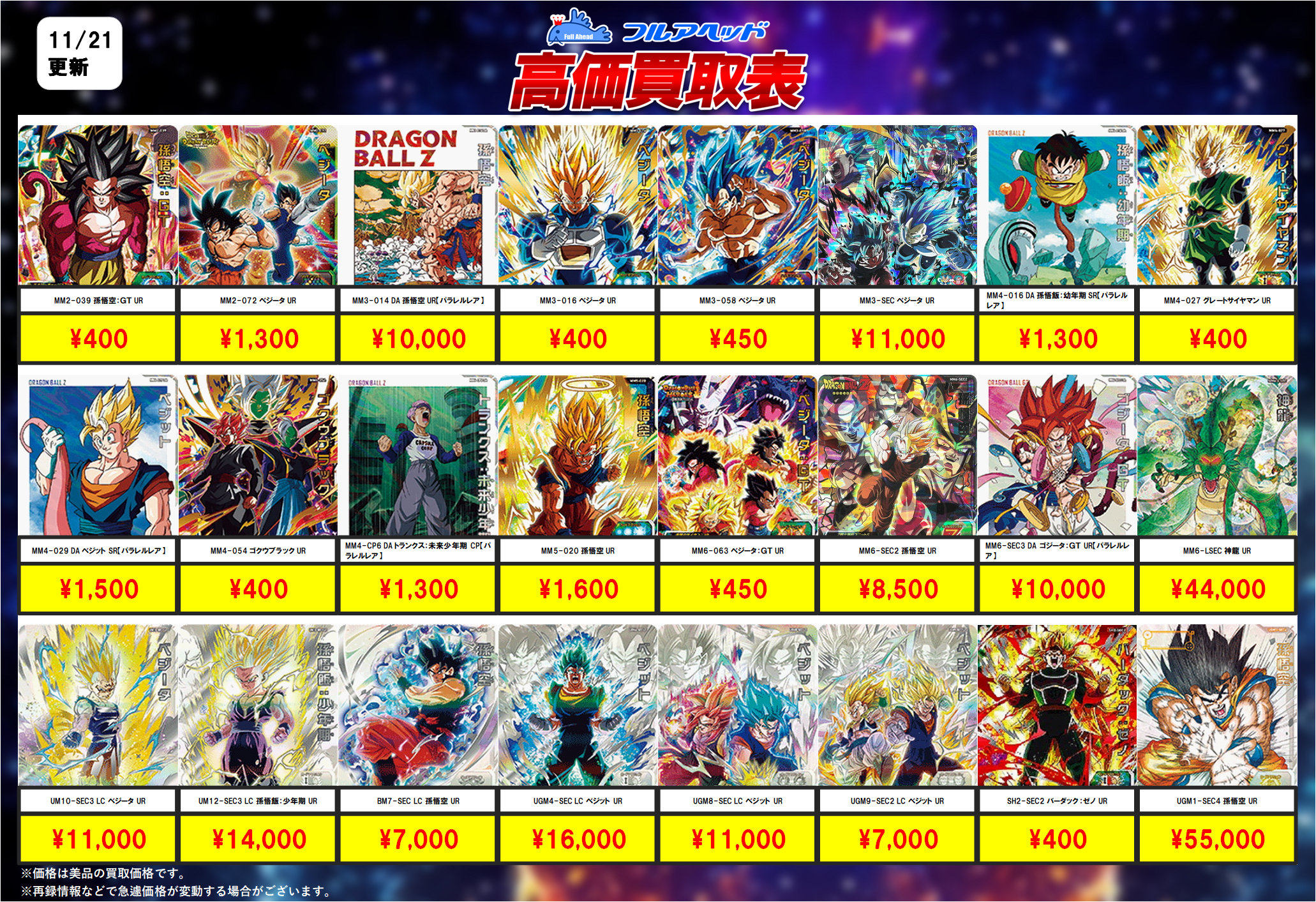 ドラゴンボールヒーローズ】買取表、販売価格の調整を行いました！