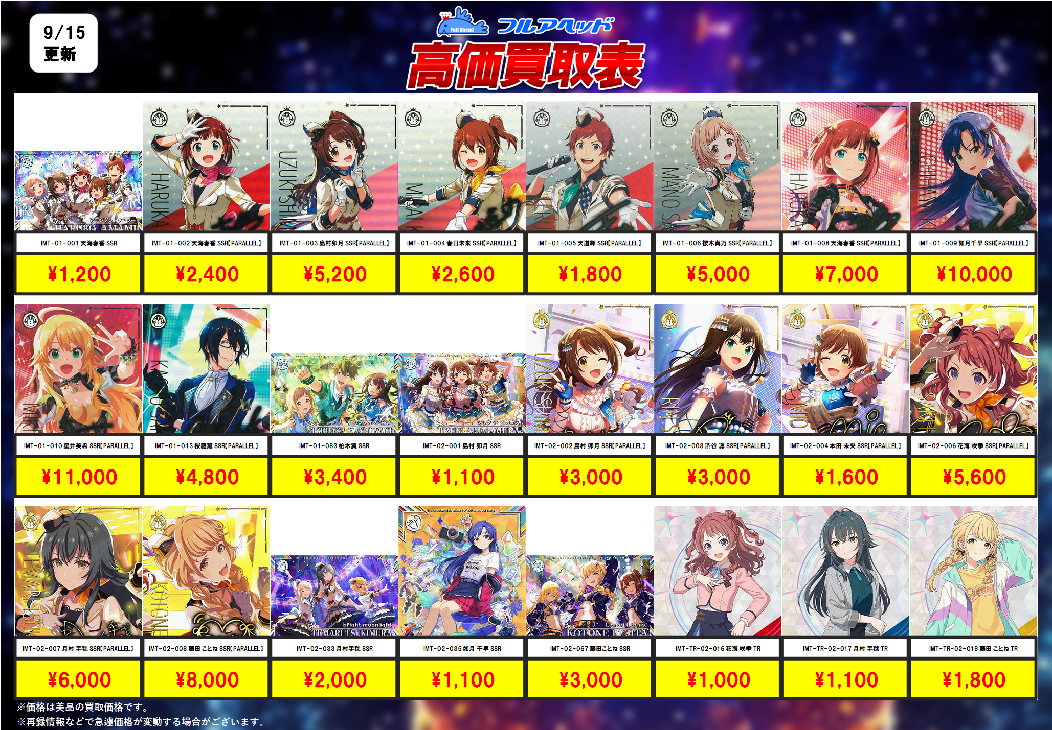 アイドルマスターツアーズ】買取表、販売価格の調整を行いました！