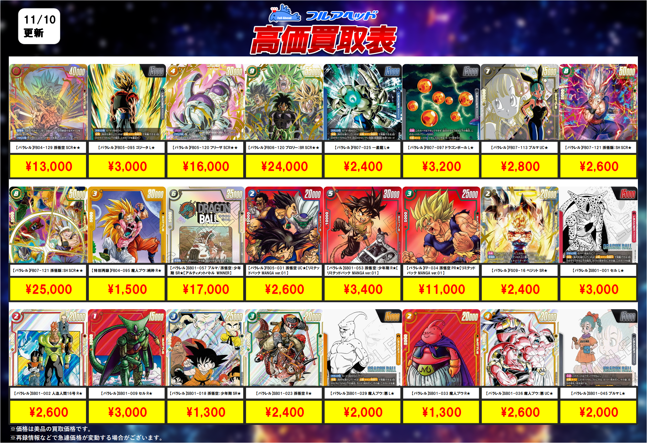 ドラゴンボールフュージョンワールド】買取表、販売価格の調整を行い