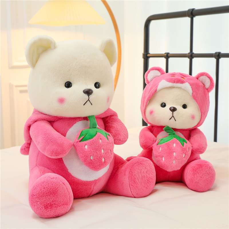 いちご大好きおすわりくまぬいぐるみ くま ピンク(大)|くまぬいぐるみ