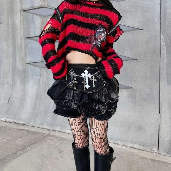 パンクファッション クロスチェーン付きゴシックフリルスカート