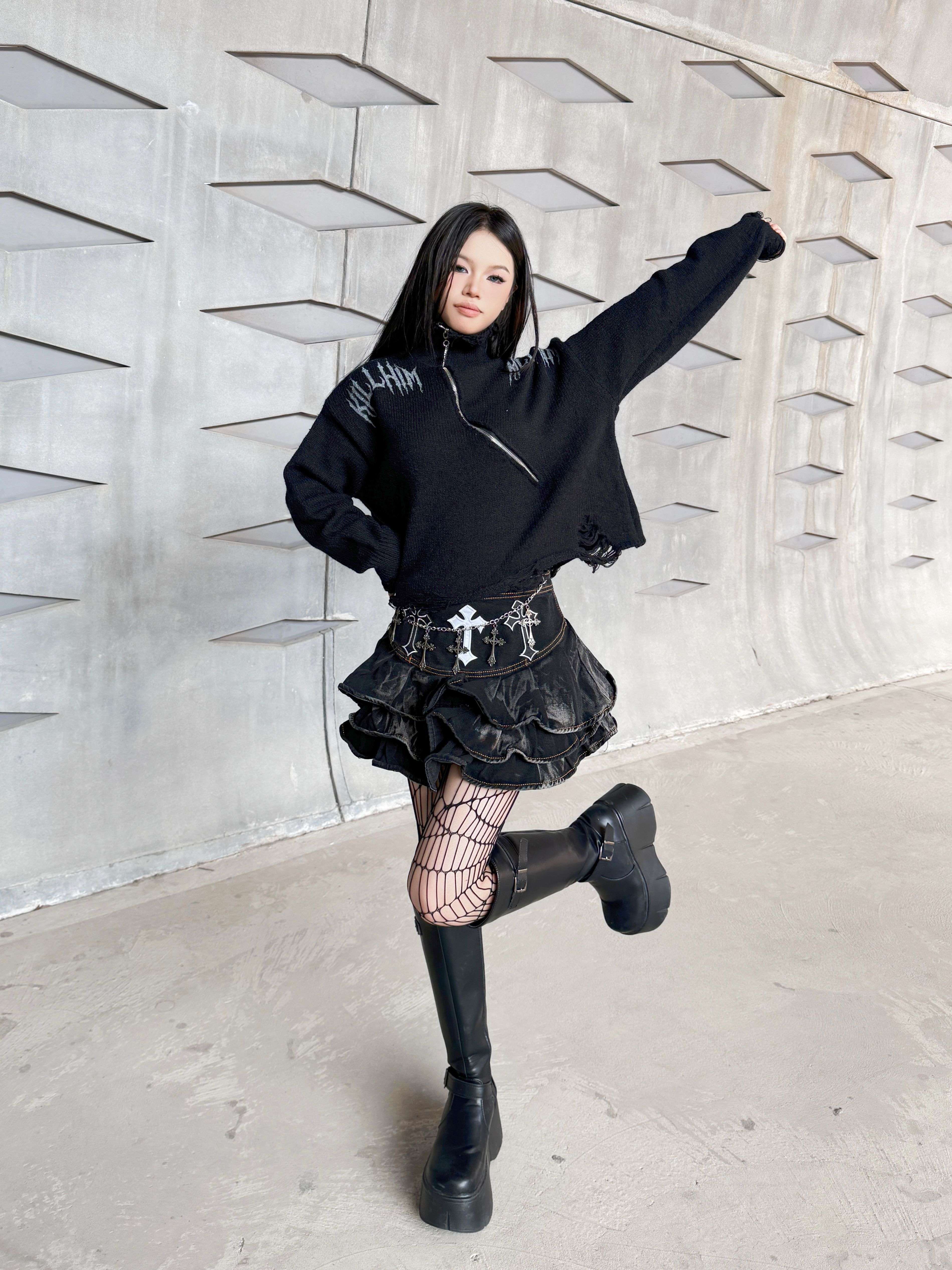 パンクファッション クロスチェーン付きゴシックフリルスカート