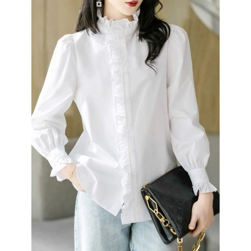 白シャツ 立体フリル襟ドット刺繍長袖ブラウス フリル|白シャツ専門