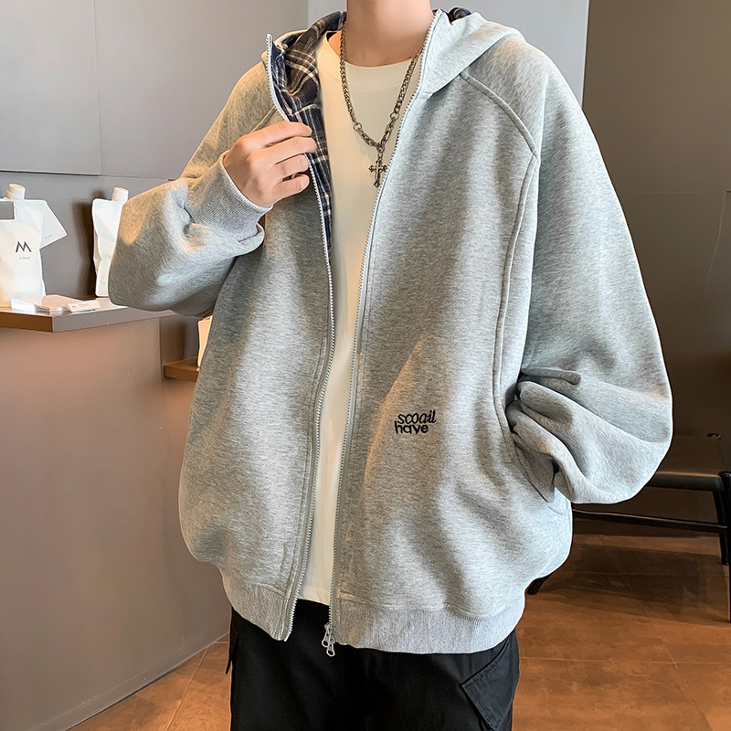 スウェットメンズ 裏地チェック柄フード付きジップアップ パーカー