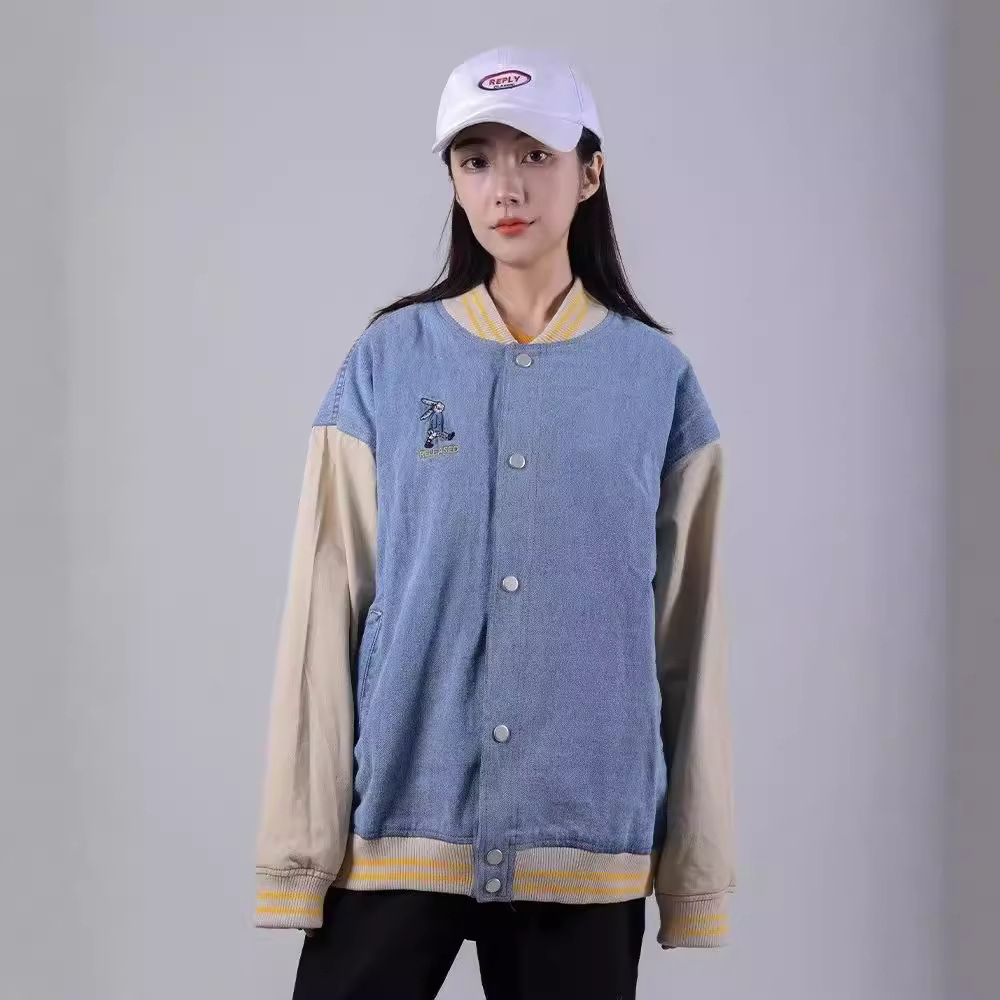 スタジャン デニム風切替袖刺繍入りスタジアムジャンパー 青 青