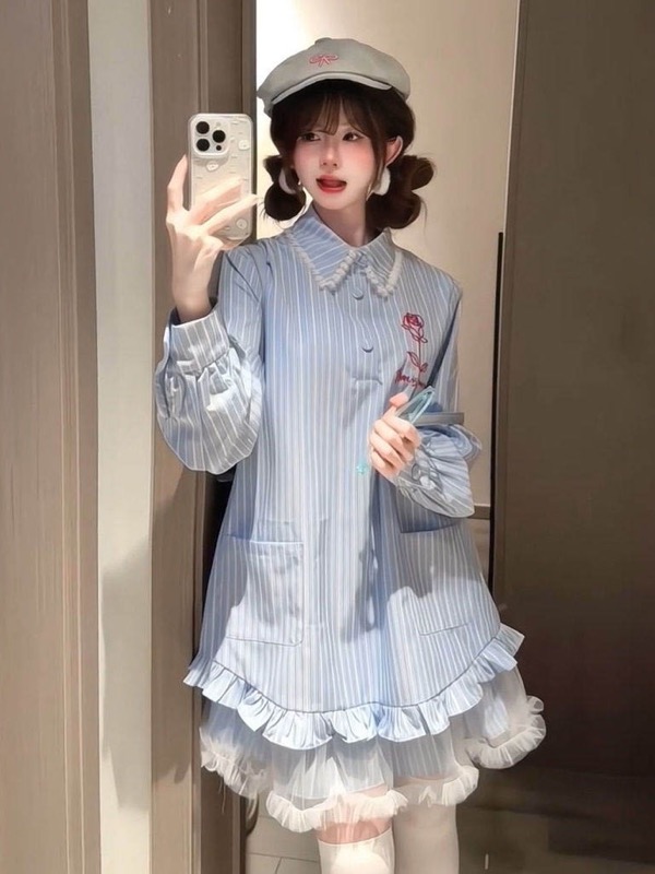 ストライプシャツ 秋新作韓国風ストライプ柄長袖シャツ 水色