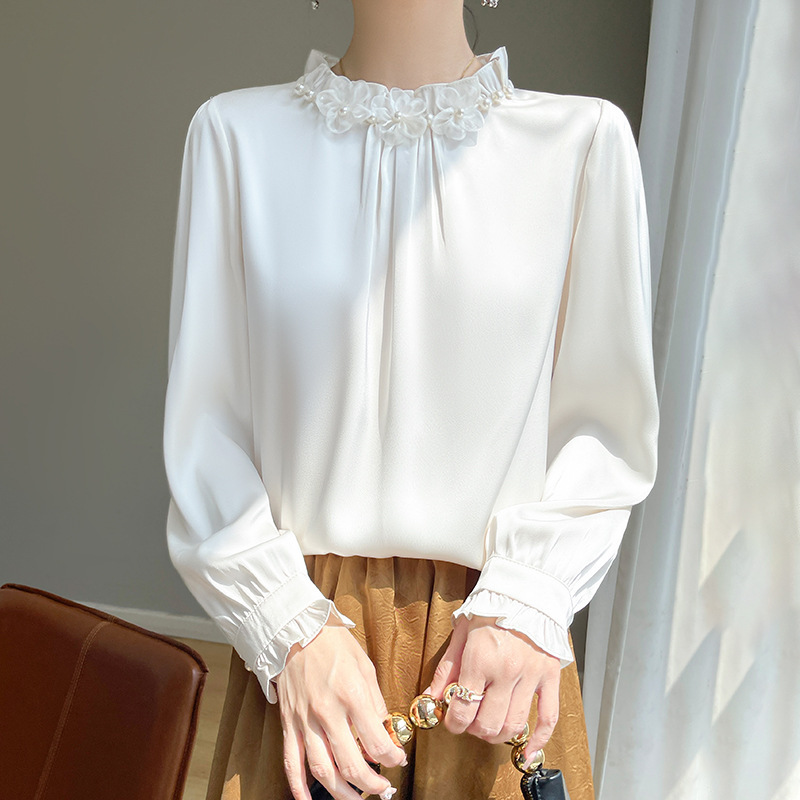 白ブラウス フリル襟長袖プルオーバーブラウス シフォン|白ブラウス