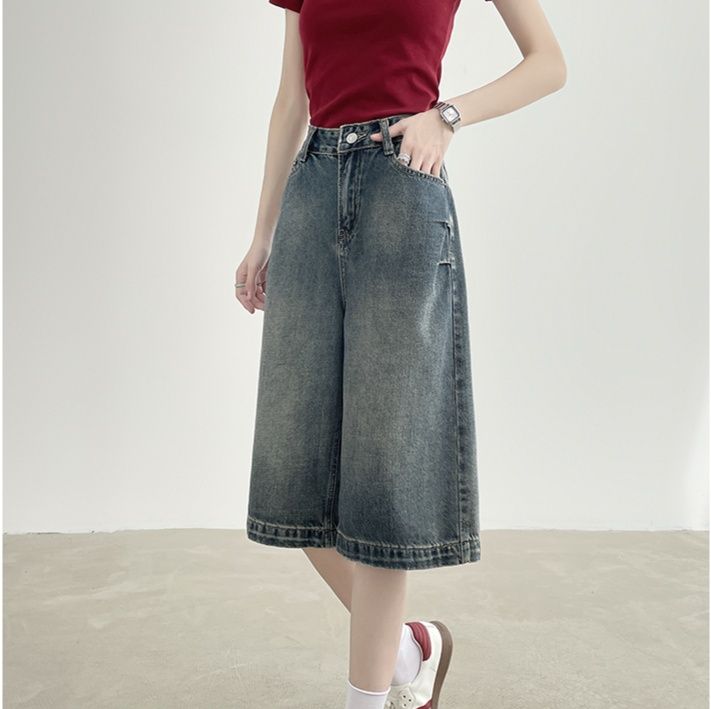 レディース ジーンズ ふんわり広がる膝丈ガウチョパンツ ガウチョ