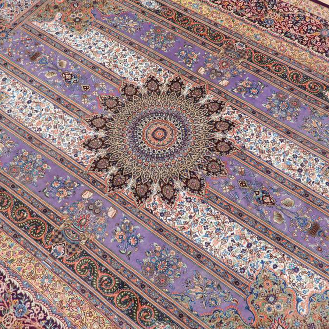 Y3261 高級ペルシャ絨毯 クム産 シルク100% 手織り 工房サイン 高級