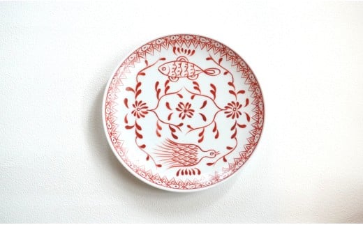 有田焼 魚鳥文中皿 【 香蘭社 】 赤絵 シリーズ 手描き 17cm プレート