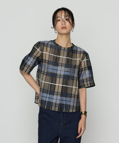 シルクオーガンジードビーチェック タックプルブラウス（01-20HK23-205