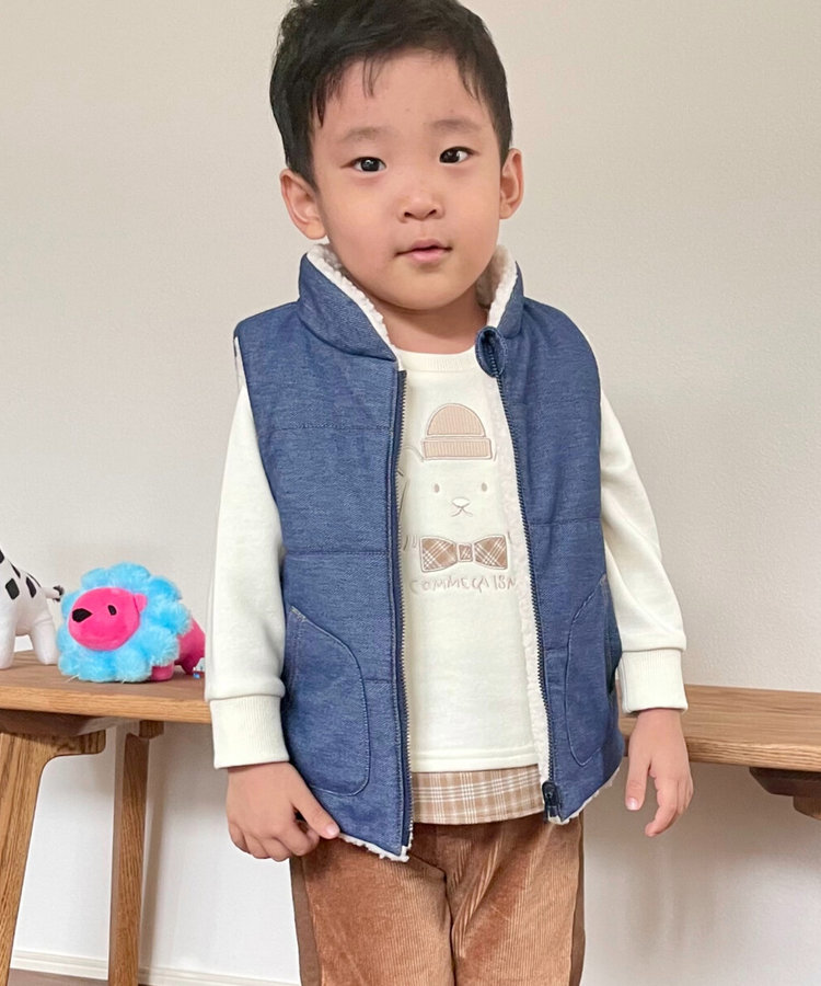 デニム調ジャージー×ボア 中綿リバーシブルベスト(ベビーサイズ)（23