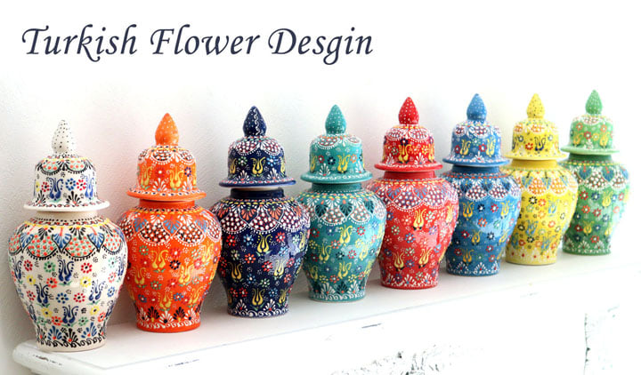 トルコ陶器 蓋つき壺 高さ25×直径11cm フラワーデザイン グリーン