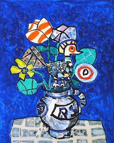 アイズピリ「青い背景の鳥と花束」 有名作家 絵画 販売 買取 委託販売