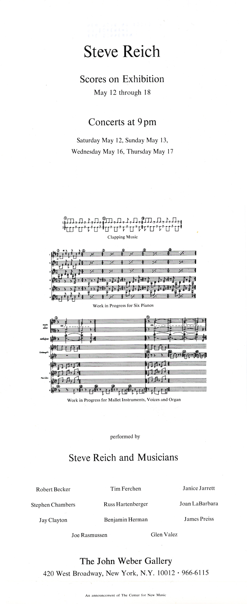 Gallery 98 | MINIMAL MUSIC – MINIMAL ART Steve Reich at the John