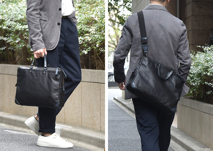 装いを引き締める、深い墨黒のヌメ革。 ビジネスバッグとフラグメント