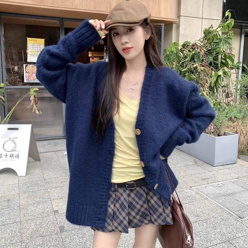 ニット カーディガン レディース 韓国 ファッション ネイビー オーバ