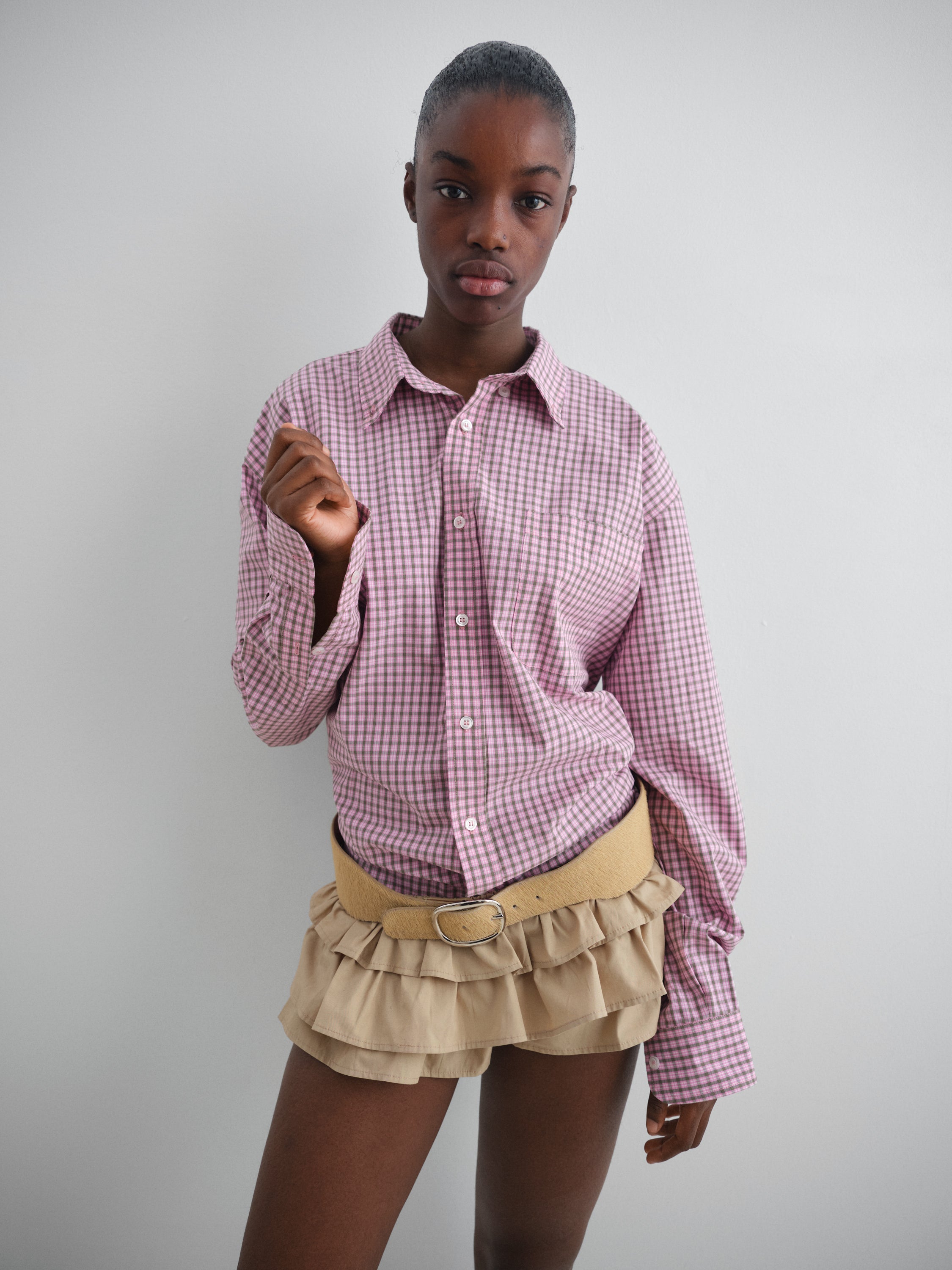 Pink checkered shirt with front pocket and relaxed fit – Gimaguas