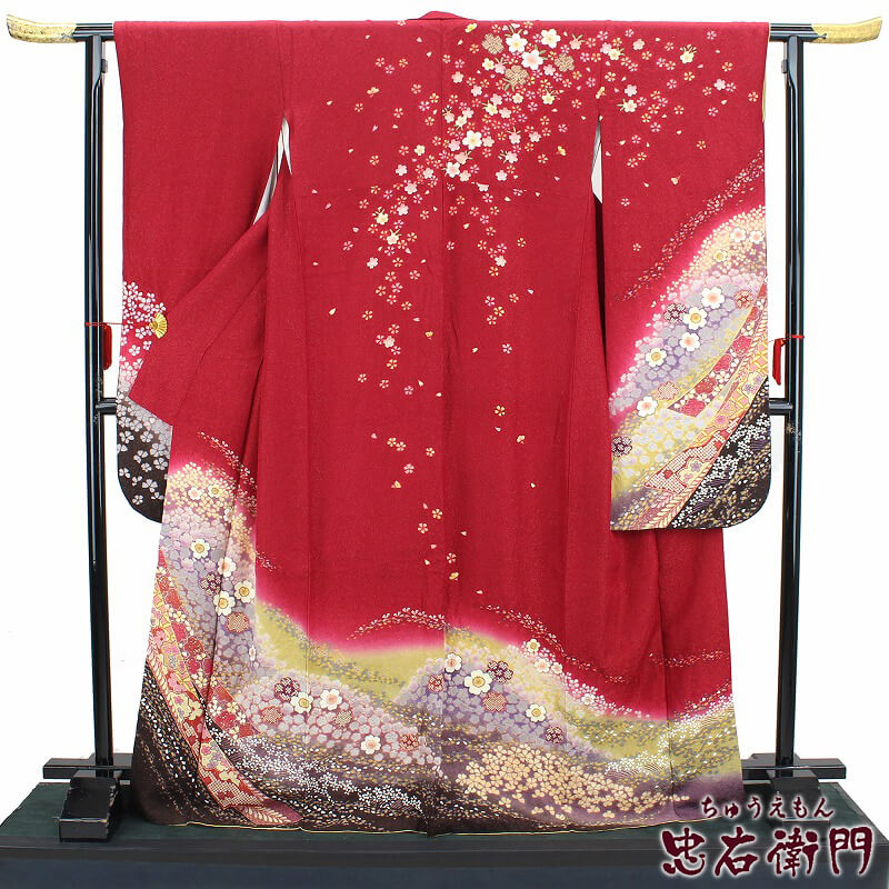 中古】【販売】 振袖 リサイクル 成人式 正絹 レッド 熨斗 桜 仕立て