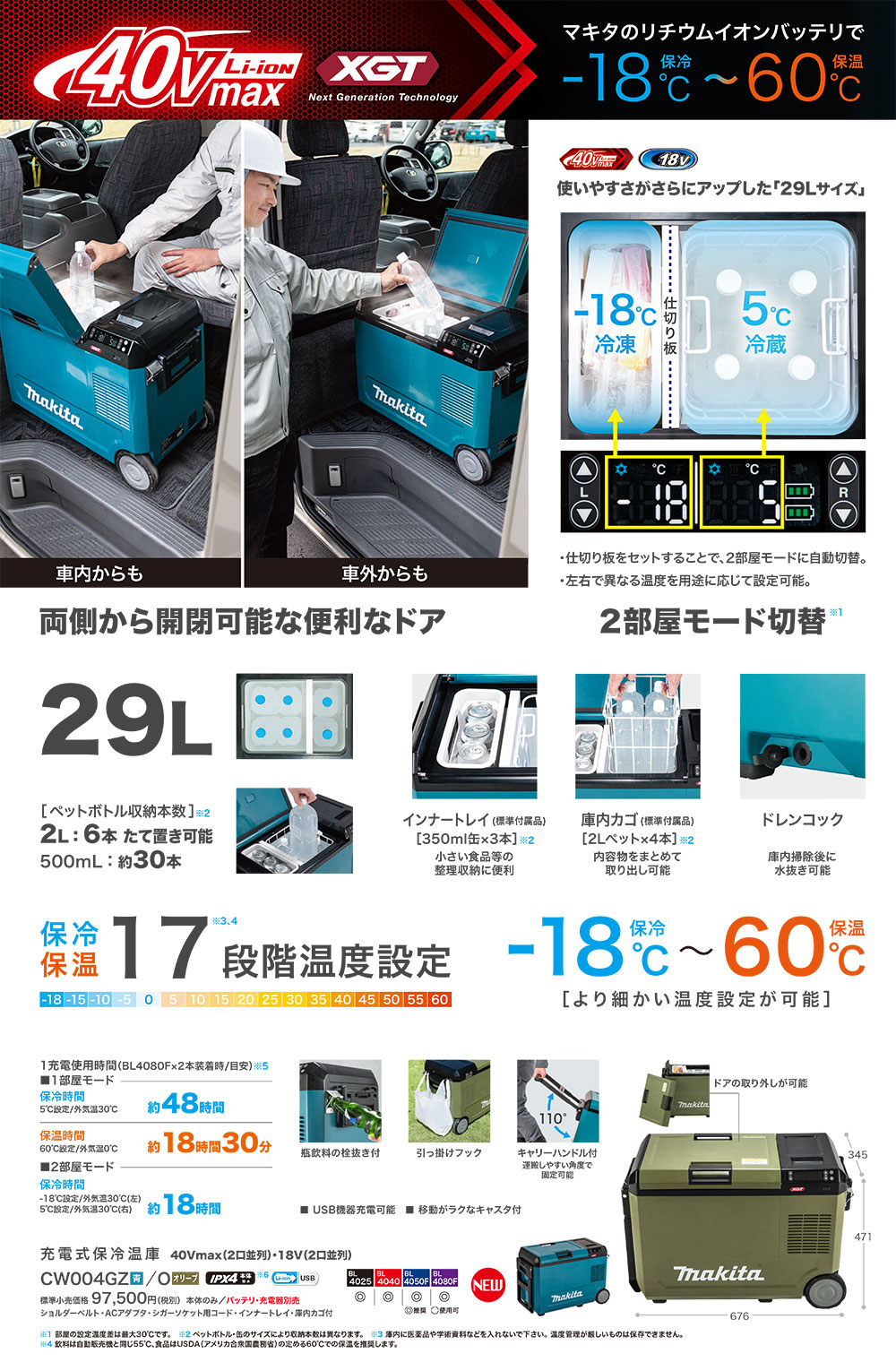 マキタ 充電式保冷温庫 29L CW004GZ 青／CW004GZO オリーブ ＜本体のみ