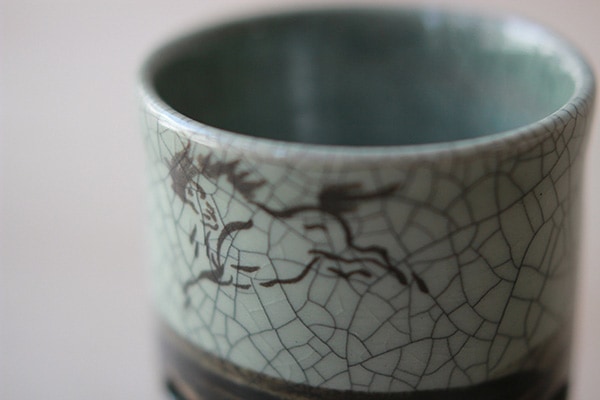 大堀相馬焼 松永窯 木箱入り 夫婦二重湯呑み (青ひび 2.2寸) 同サイズ