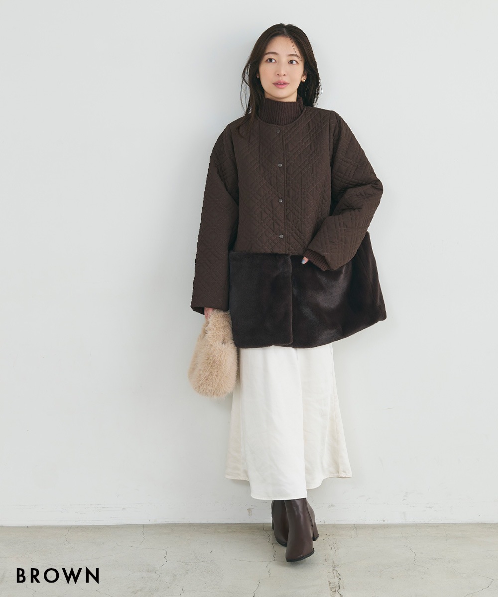 em.エムドット 裾ファーコート ブラック em. エムドット 裾ファー