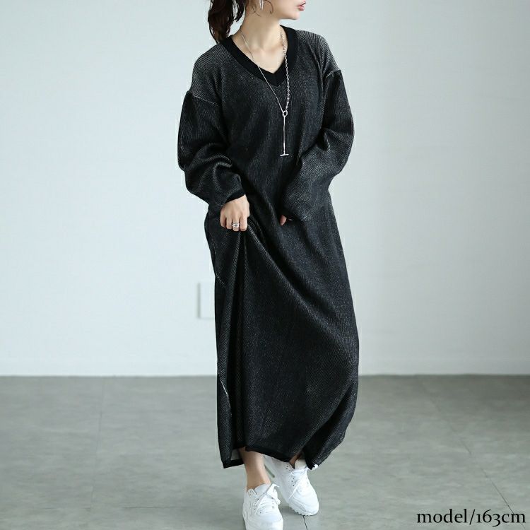 大きいサイズ レディース ツートンリブVネックワンピース maru-20007