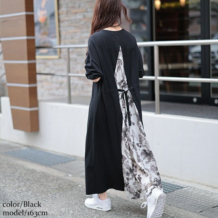 大きいサイズ レディース 接触冷感後ろ花柄切り替えワンピース kt