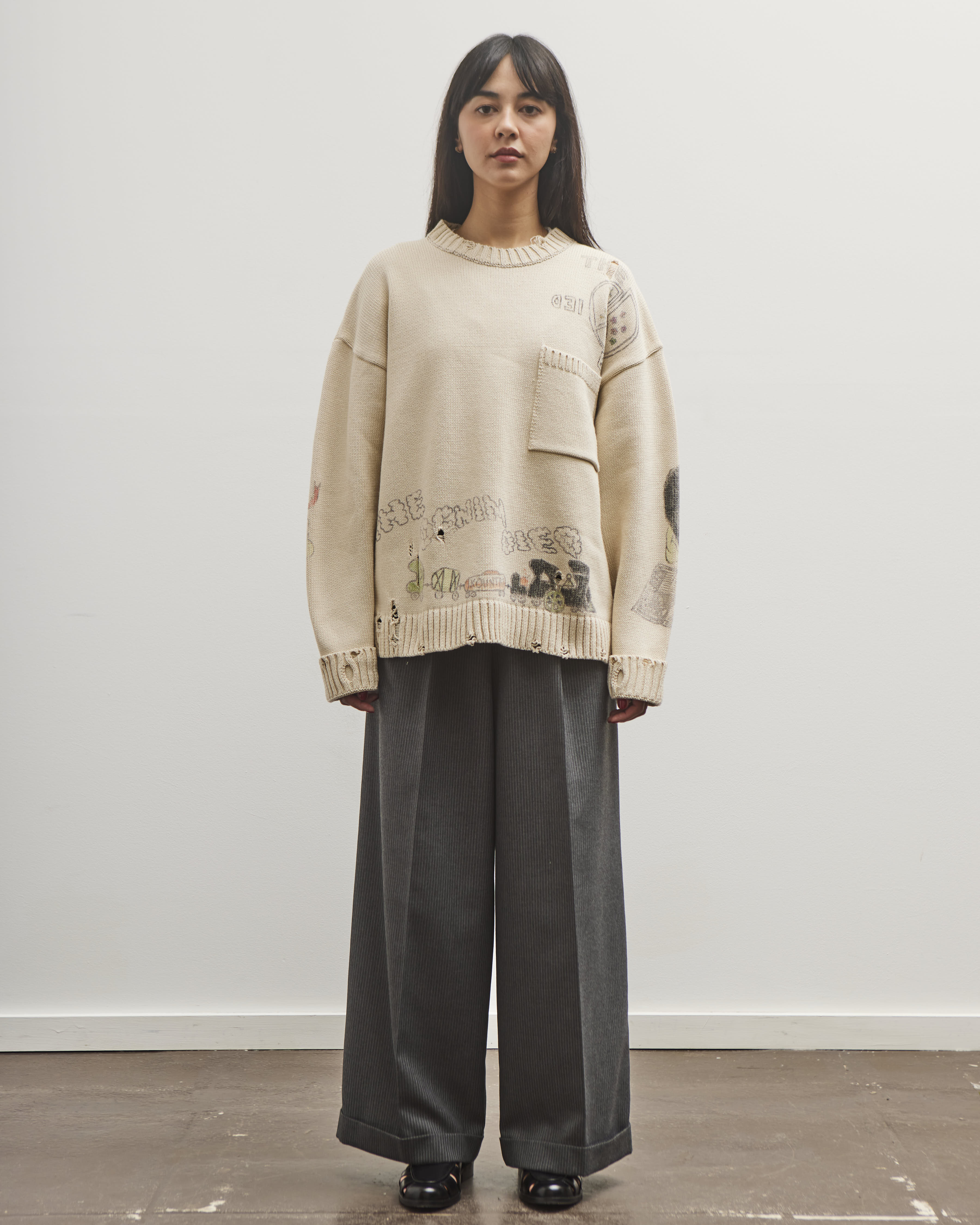 Kapital 5G Cotton Knit Crew Sweater (Memorial Paint Model), Ecru