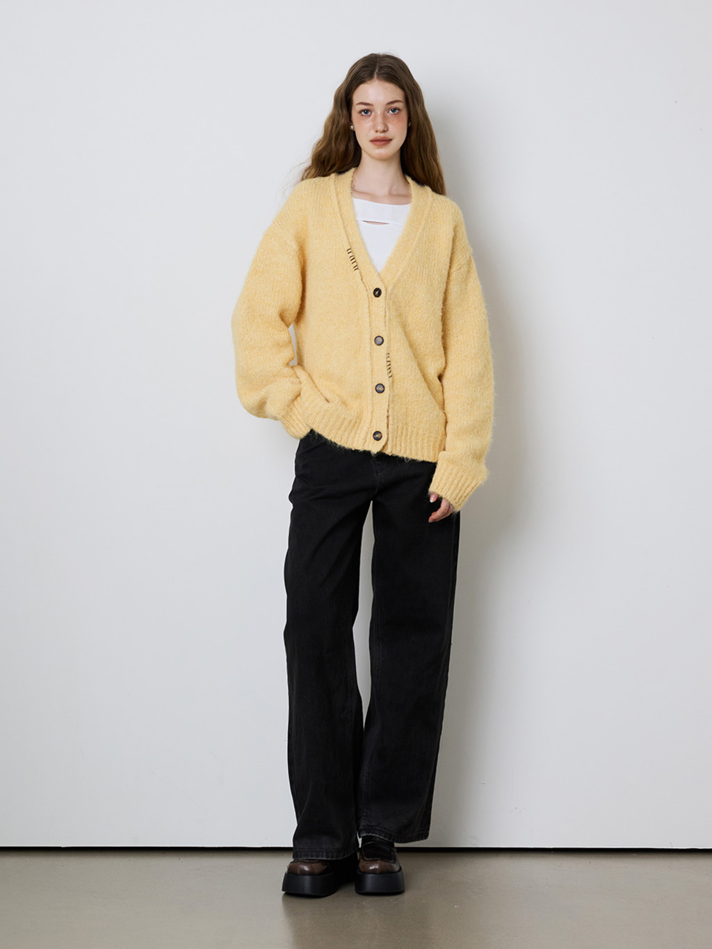 ミニステッチニットカーディガン - イエロー | MEENDERI | HANA(ハナ)