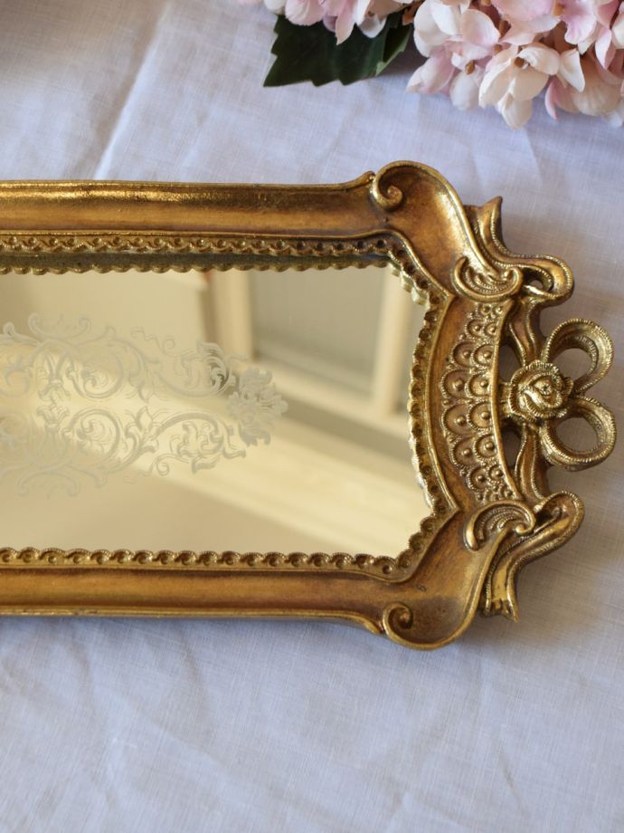 フランスアンティーク調のおしゃれなミラートレイ、美しい装飾の