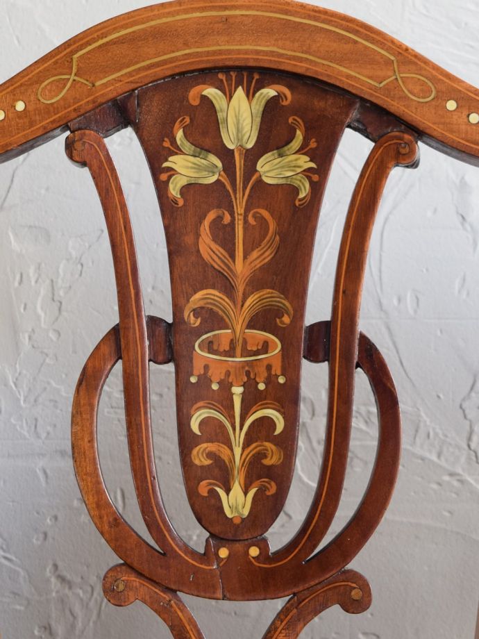 英国アンティークの美しいセティ、 象嵌細工が美しいマホガニーの