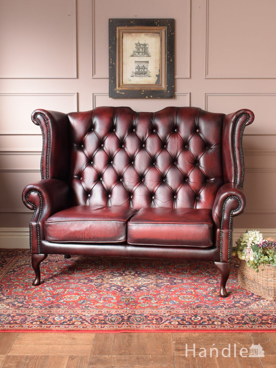 象嵌が美しいアンティークチェア、マホガニー材を使ったセティ（ソファ