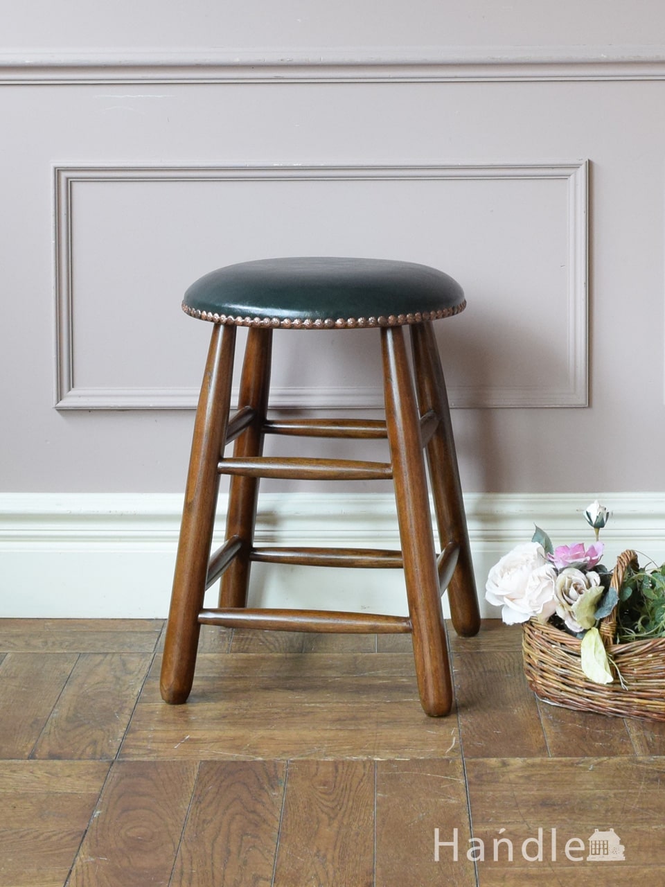 英国アンティーク調のおしゃれな椅子、オーク材のクッション付スツール