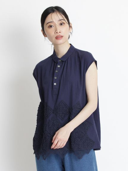 コットンカルゼスクエアケミカルレースフレンチスリーブブラウス